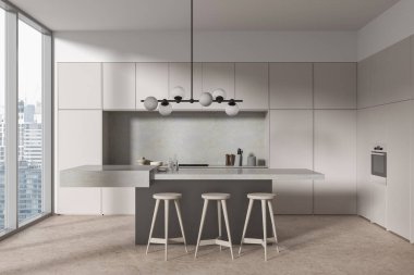 Bar tezgahı ve dolabı, modern mutfak gereçleri ve fırınlı aletleri olan şık bir ev mutfağı. Bangkok gökdelenlerinin panoramik penceresi. 3B görüntüleme