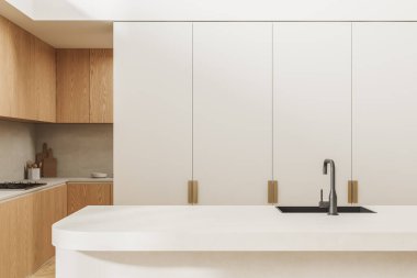 Beyaz ve ahşap mutfak, bar adası, fırın ve mutfak gereçleri olan modern dolap. Modern apartmanda yemek ve yemek pişirme alanı. 3B görüntüleme