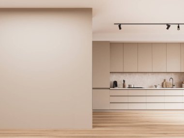 Zarif ev mutfağı bej dolabı, mutfak gereçleri, ahşap zemin. Aletleri olan şık yemek alanları ve boş duvar bölümlerinin fotokopisi. 3B görüntüleme