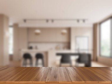 Boş ahşap masayı ve mutfak içini yemek ve yemek alanı, tropiklerin panoramik penceresi ile süsleyin. Ürün görüntüleme için alanı kopyala. 3B görüntüleme