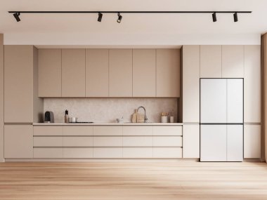 Modern ev mutfağı bej dolabı, mutfak gereçleri, raflar ve buzdolabı. Aletleri ve ahşap zemini olan şık bir yemek alanı. 3B görüntüleme