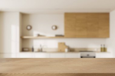 Ahşap ürün sergi masası şık, bulanık bir mutfakta beyaz duvarları ve mutfak aletleri olan ahşap rafları var. 3d oluşturma