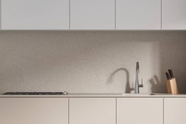 Minimalist ev mutfağı. Lavabosu ve ocağı var. Mutfak gereçleri taş tezgahta. Modern apartmandaki minimalist yemek pişirme alanına yakın çekim. 3B görüntüleme