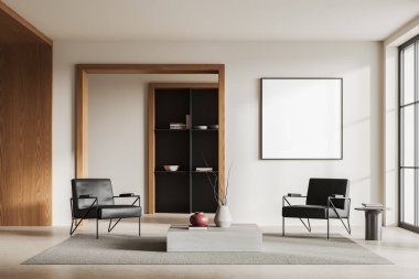 Beyaz ve ahşap duvarları, beton zemini, iki rahat koltuğu, kitaplığı ve kare maketi olan modern mutfağın içi. 3d oluşturma