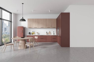 Bangkok gökdelenlerinde yemek masası, sandalyeler, yemek dolabı ve panoramik pencereli kırmızı ev mutfağı. Modern mobilyalarla minimalist yemek alanı. 3B görüntüleme