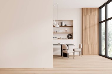 Şık bir oturma odası, masa, sandalye, ahşap döşeme. Rafı ve dekorasyonu olan minimalist toplantı odası, tropiklerin panoramik penceresi. Model boş duvar bölmesi. 3B görüntüleme