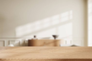 Ahşap ürün sergi masası modern bulanık oturma odasında beyaz duvarları, vazoları ve kitapları olan ahşap bir şifonyeri var. 3d oluşturma