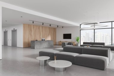 Beyaz ve ahşap duvarları, beton zemini, asansörleri, rahat gri koltukları ve kahve masalarının yanında duran koltukları olan şık ofis bekleme odasının köşesinde. 3d oluşturma