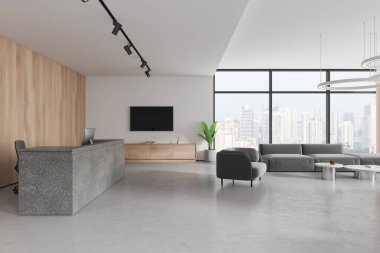 Beyaz ve ahşap ofis lobisi. Kanepe ve kahve masası, bilgisayar resepsiyonu ve televizyon ekranlı büfe. Singapur gökdelenlerinin panoramik penceresi. 3B görüntüleme