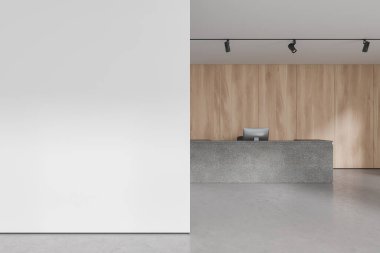 Beyaz ve ahşap duvarları, beton zemini, uzun gri resepsiyon tezgahı ve solunda bilgisayar ve kopya uzay duvarı olan modern ofis binası. 3d oluşturma