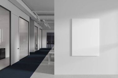 Beyaz duvarları, beton ve mavi zemini ve sandalyeli sıra sıra masaları ve sağında dikey maket posteri olan modern açık uzay ofisinin içi. 3d oluşturma