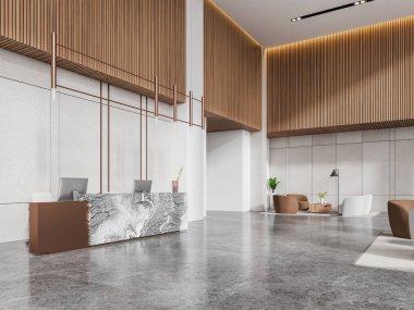 Otel ya da ofis iç mermer resepsiyon masasının köşesi, kanepe ve koltuklu bekleme ya da danışma köşesi. Lüks tasarımı olan lüks bir kayıt ya da giriş yeri. 3B görüntüleme
