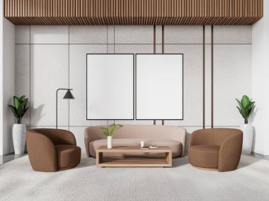 Modern ofis bekleme odasının içinde beyaz ve ahşap duvarlar, beton zemin, rahat bej kanepe ve iki rahat kahverengi koltuk. İki dikey maket poster. 3d oluşturma
