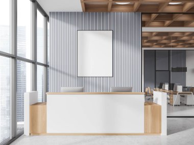 Gri duvarları, beton zemini ve iki bilgisayarı ve dikey maket posteri olan uzun beyaz ve ahşap resepsiyon tezgahı olan modern ofis. 3d oluşturma