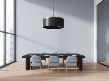 Mavili koltuklar, toplantı masası, cam bölme ve ahşap döşemeli şık bir iç mekan. Singapur gökdelenlerinde panoramik pencereli modern konferans odası. 3B görüntüleme