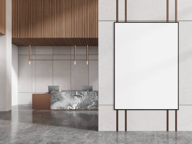 Mermer masası, bilgisayar ve beton zemini olan modern ticaret resepsiyonu lobisi. Duvar bölmesindeki tuval posterini taklit et. 3B görüntüleme