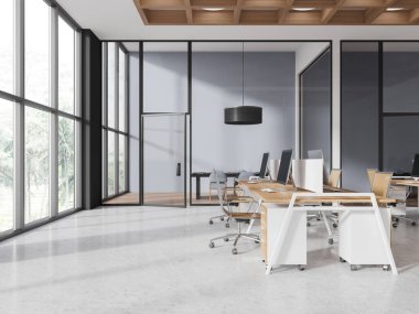 Birlikte çalışma alanı olan şık bir iç mekan, bölmeli bilgisayar masası. Panoramik pencereli, panoramik sandalyeli cam toplantı odası. 3B görüntüleme