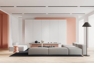 Otel odasının içinde modüler kanepe, şık dekorasyonlu kahve masası ve ahşap döşemeli halı var. Minimalist mobilyalarla dolu bir salon. 3B görüntüleme