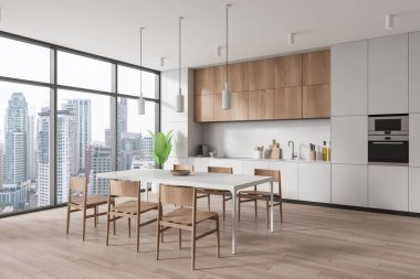 Lüks mutfak, yemek masası, sandalyeler, ahşap zemin. Minimalist yemek köşesi, dolaplı, panoramik pencereli Bangkok gökdelenleri. 3B görüntüleme