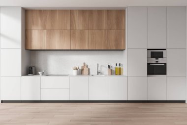 Ahşap ve beyaz mutfak, dolaplar, mutfak gereçleri, ahşap döşemeler. Modern dairede minimalist mobilyaları olan rahat bir yemek alanı. 3B görüntüleme