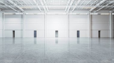 Beyaz fabrika, depo ya da sanayi binası. Hafif beton zeminli modern çatı katı tasarımı, çelik duvar ve sıralı kapıları olan boş bir alan. 3B görüntüleme