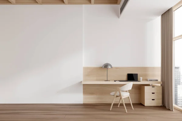 Interior of modern home office with white walls, wooden floor, comfortable computer desk with white chair and copy space wall on the left. 3d rendering