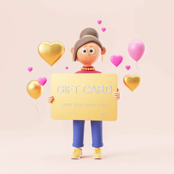 Smiling cartoon woman showing a gift card for valentines day, gold and pink heart flying. Concept of online shopping, present for holiday and romantic love. 3D rendering illustration