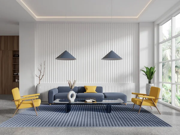 时尚客厅的内部 白色的墙壁 混凝土地面 舒适的蓝色沙发和黄色扶手椅站在咖啡桌附近 3D渲染 — 图库照片