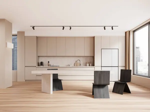 Interior of modern kitchen with beige walls, wooden floor, beige cupboard and cabinets, big fridge and long dining table with black chairs. 3d rendering