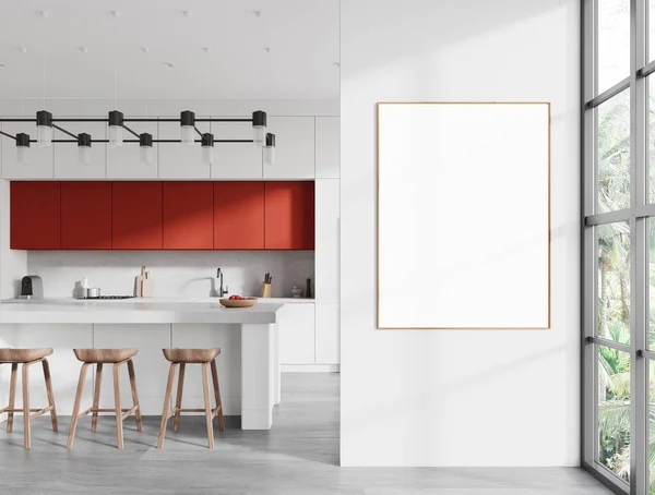 时尚厨房的内部有白色的墙壁 混凝土地面 红色的橱柜 白色的橱柜 舒适的岛与凳子和垂直的模拟海报框架 3D渲染 — 图库照片