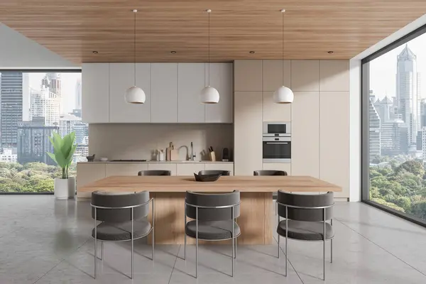 Interior Stylish Kitchen Beige Walls Tiled Floor White Cupboards Beige — Stock Photo, Image