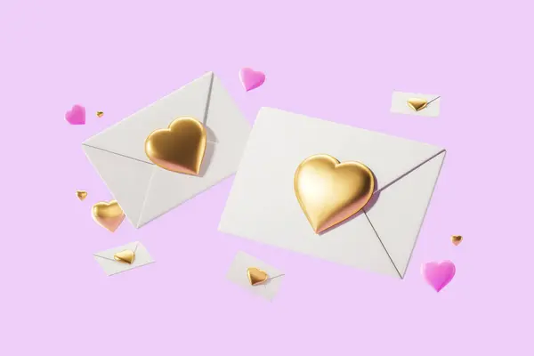 Love letters envelopes falling on pink background, gold heart stamp. Concept of valentines day, proposal, feelings and message. 3D rendering illustration