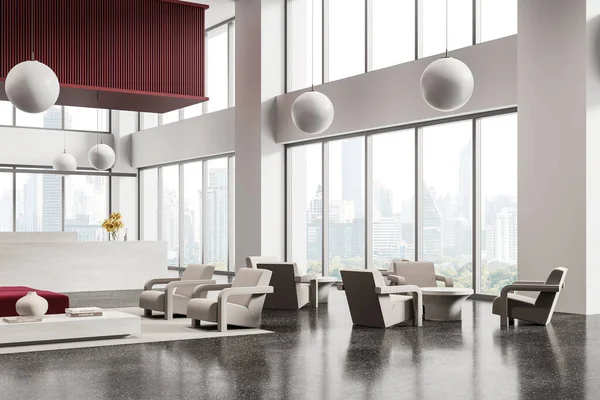 红白相间的写字楼内有红色组合式沙发和扶手椅 灰色花岗岩地板上有侧观地毯 曼谷摩天大楼的全景窗户 3D渲染 — 图库照片