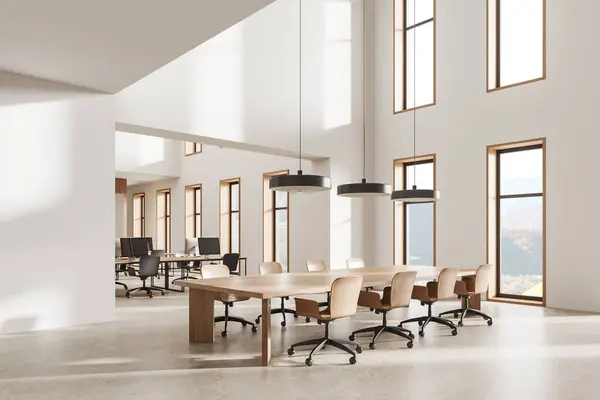Beige and wooden office interior with conference board and wooden chairs, side view coworking corner with pc computers on table in row. Panoramic window on countryside. 3D rendering