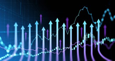 Çizgileri, büyüyen okları ve şamdanları olan eski hologramlar, borsa dinamikleri. Yatırım, iş büyümesi ve başarı kavramı. 3B resimleme