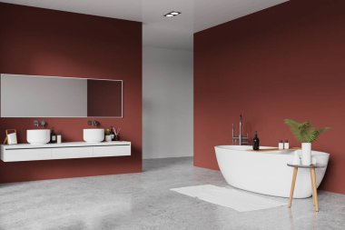 Çift lavabolu ve küvetli kırmızı rahat banyo manzarası, aksesuarlı yan görüş duvarı ve süslemeli tabure. Boşluk duvarını kopyala. 3B görüntüleme