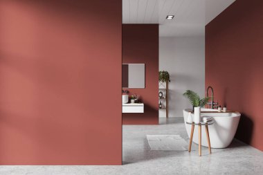 Beyaz ve kırmızı duvarlı şık bir banyo, beton zemin, rahat küvet, aynalı rahat beyaz lavabo ve solunda uzay duvarının kopyası. 3d oluşturma