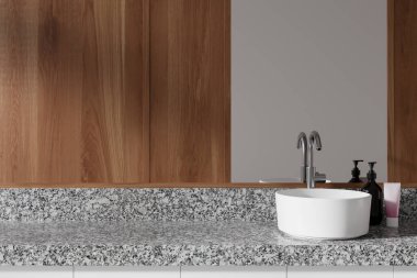 Modern banyo ahşap duvarlar, rahat lavabo mermer tezgahın üzerinde duruyor ve üzerinde dikey ayna asılı. 3d oluşturma