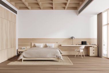 Modern yatak odasının içinde bej duvarlar, ahşap zemin, rahat kral yatağı ve bilgisayar masası ve sandalyeli işyeri. 3d oluşturma