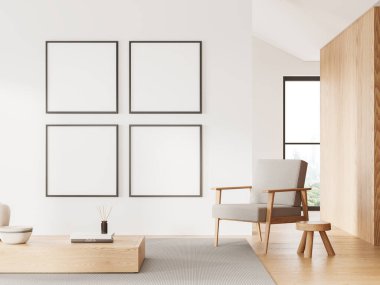 Konforlu ev oturma odası, ahşap sehpa, yumuşak koltuk, ahşap döşemeli halı. Panoramik pencereli salon alanı ve dört adet kare tuval posterleri. 3B görüntüleme