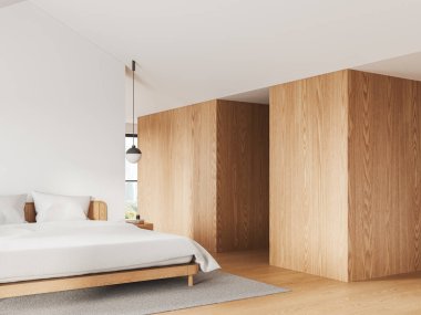 Ev yatak odası manzarası yatak ve komodinli, ahşap zeminde yan manzara halısı. Bangkok gökdelenlerinde panoramik pencereli rahatlama odası. 3B görüntüleme