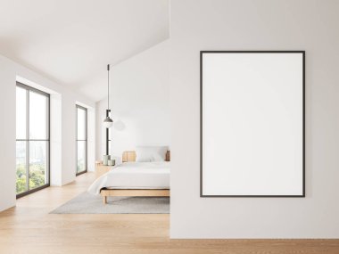 Modern otel odası iç yatak odası, komodin, ahşap döşeme halısı. Bangkok gökdelenlerinde panoramik pencereli bir odada uyu ve rahatla. Duvar bölmesindeki tuval posterini taklit et. 3B görüntüleme