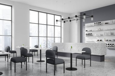 Yemek masaları ve sıra sıra sandalyelerle şık restoran manzarası. Tabakları olan taştan bir tezgah Singapur gökdelenlerinin panoramik penceresi. 3B görüntüleme