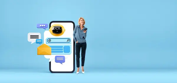 Smiling woman with smartphone mock up empty screen, robot communication icons with text speech bubbles and web search engine. Concept of virtual assistant and internet