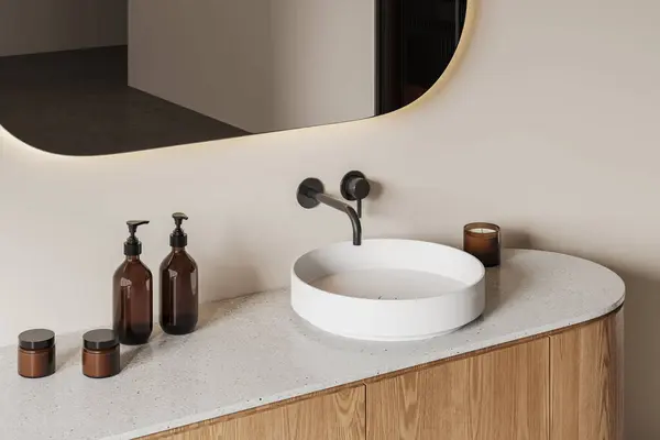 Top view of bathroom interior round washbasin, wooden vanity with stone counter. Stylish sink with mirror and plastic bottles, jars and candle. 3D rendering