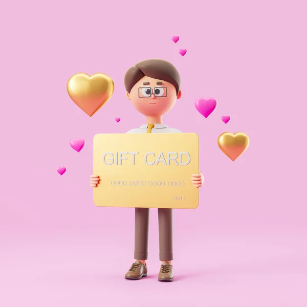 Homem Dos Desenhos Animados Sorrindo Mostrando Cartão Presente Para Dia — Fotografia de Stock