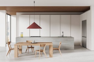 Lüks otel mutfağı içinde ahşap yemek masası sandalyeler, taş bar adası ve kırsal kesimde panoramik pencere var. Dolap ve buzdolabı ile birlikte yemek ve yemek bölgesi. 3B görüntüleme