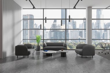Modern ofis içi, kanepe, sehpa, gri beton zemin. CEO 'da ya da çatı katında rahat bir yer. Bangkok gökdelenlerinin panoramik penceresi. 3B görüntüleme