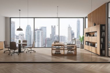 Ahşap ve beyaz duvarları, ahşap zemini, rahat bilgisayar masası ve sandalyeli yuvarlak konferans masası olan şık CEO ofisi. 3d oluşturma