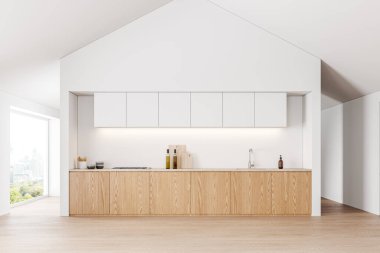 Beyaz duvarları, ahşap zemini, beyaz dolapları ve tencere ve lavaboda yapılmış rahat beyaz dolapları olan şık bir mutfak. 3d oluşturma